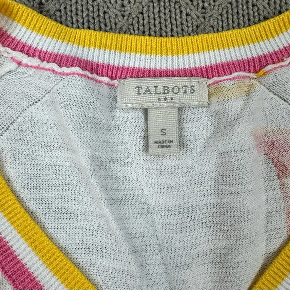 Talbots Floral V-Neck Sweater - Pink and Yellow Mod ~ Small